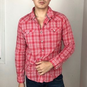 Red Plaid Long Sleeve casual button down Shirt M